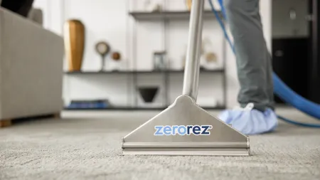 Professional carpet cleaning with Zerorez logo visible on cleaning tool in a modern living room setting.