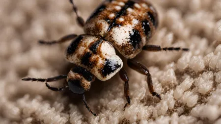 a close up of a varied carpet beetle on carpeting