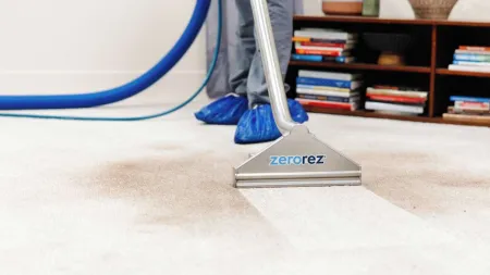 Carpet cleaning machine visibly cleaning dirty carpet showing a clear difference between cleaned and uncleaned areas.