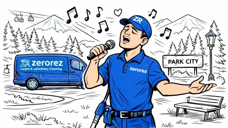Man wearing Zerorez uniform sings with microphone outdoors near Zerorez van and Park City sign with mountains in background
