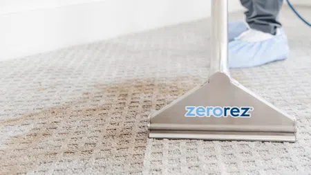 Carpet being cleaned with a Zerorez tool showing a dirty and clean side on a patterned carpet.