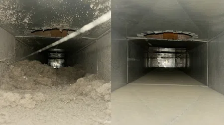 Side-by-side comparison of a dirty and cleaned air duct interior showing removal of dust and debris.