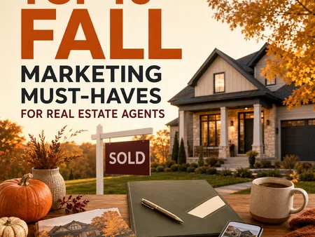 Fall-themed real estate marketing setup with sold sign, pumpkins, keys, coffee, and house brochure on a wooden table.