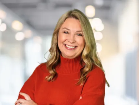 a woman in a red shirt