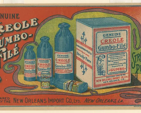 Vintage advertisement featuring Genuine Creole Gumbo-Filé products in various bottle and box sizes with colorful design.