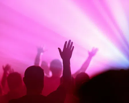 Silhouettes of people raising hands in a vibrant pink and purple light at a concert or event.