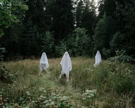 Three figures dressed in white ghost costumes standing in a grassy clearing surrounded by dense forest under overcast sky.