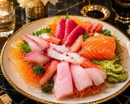Assorted sashimi plate with salmon, tuna, white fish, crab, wasabi, and garnishes on a decorative plate.