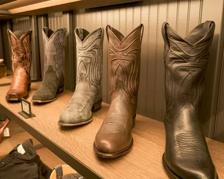 Row of six cowboy boots in various shades displayed on a wooden shelf against a paneled wall.