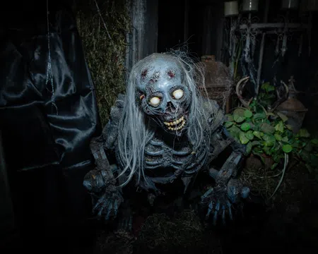 Creepy skeleton figure with glowing eyes and long white hair in a dark, eerie setting with plants and moss.