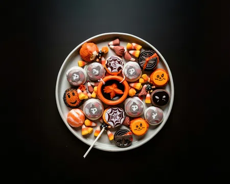Plate of Halloween-themed cookies and candy corn on black background with orange and black decorations