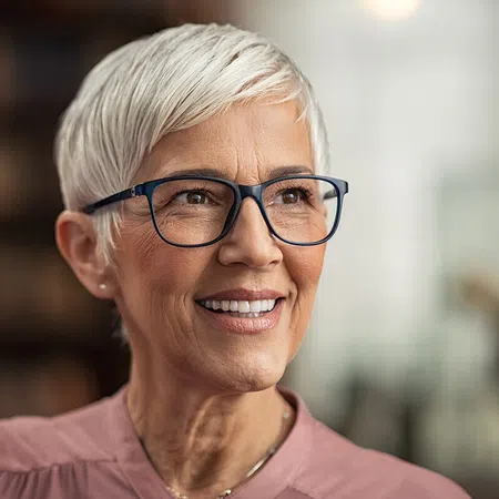 Smiling older woman with short silver hair and glasses in a warm, inviting setting.