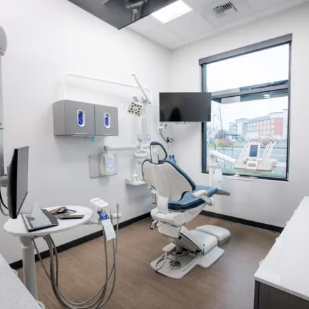 Modern, clean dental clinic room with a dental chair, monitors, equipment, and large window with outdoor view.