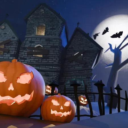 Glowing jack-o'-lanterns in front of a haunted house with bats flying against a full moon night sky