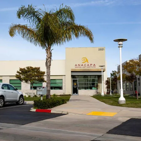 a building with a palm tree in front of it