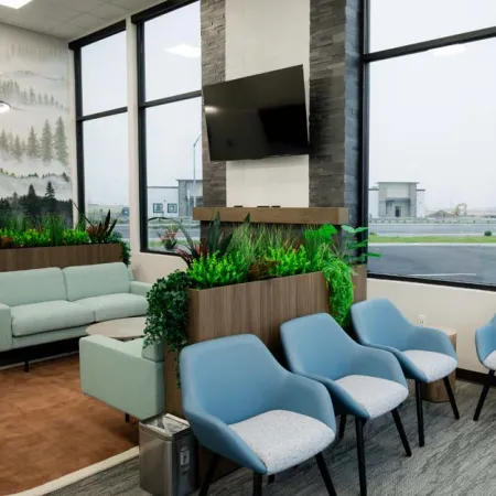 Modern waiting room with blue chairs, green sofas, large windows, plants, and a TV mounted on a stone fireplace.
