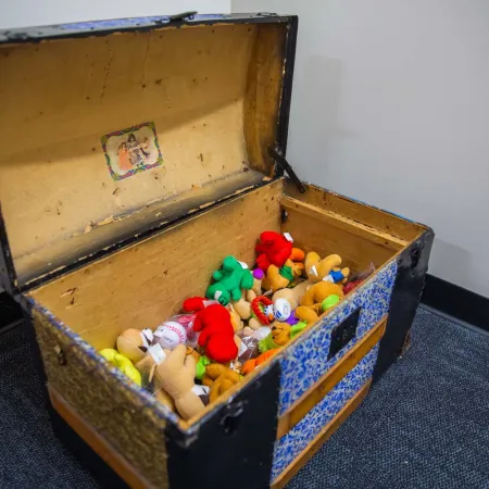 Open vintage trunk filled with colorful plush toys in a corner room with gray carpet and white walls.