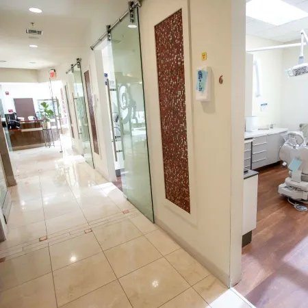 a room with glass doors