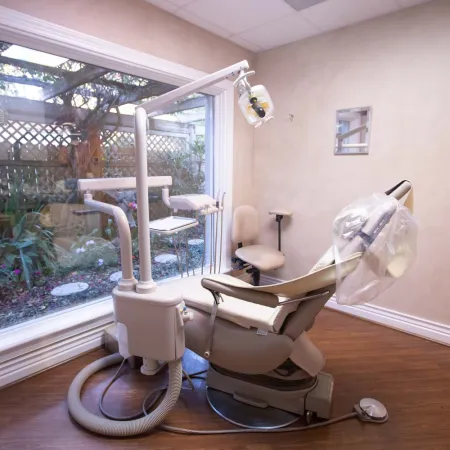 Modern dental clinic room with an adjustable dental chair next to a large window overlooking a garden.