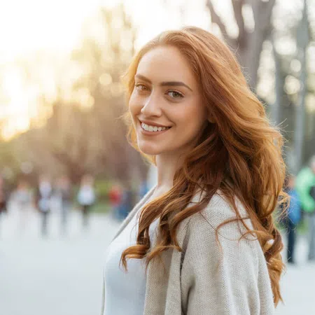 Smiling woman with long reddish hair walking in a sunlit park, surrounded by blurred people in the background.