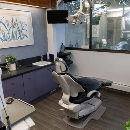 Modern dental office with a dental chair, large window, TV, and decorative artwork on the wall.