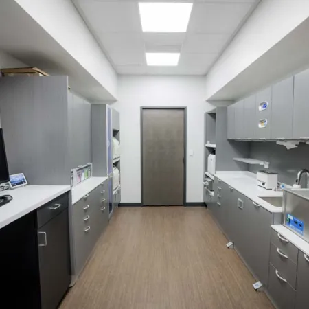 Modern medical lab room with gray cabinets, countertop equipment, computer, and closed central door under bright ceiling lights