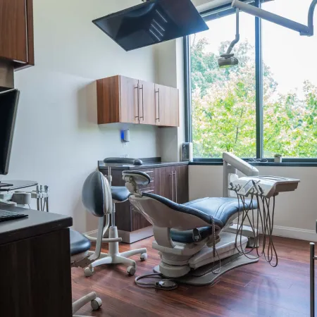 Modern dental office with a reclining dental chair, overhead light, equipment, and large windows showing green trees.