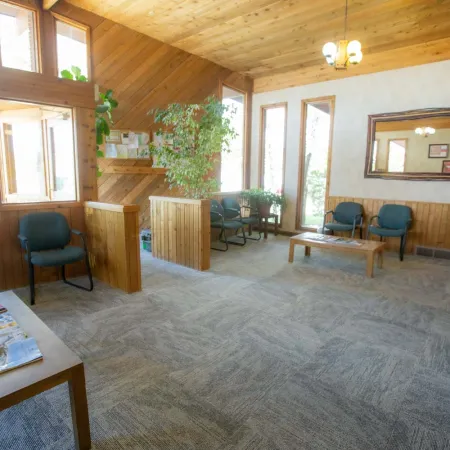 Bright waiting room with wooden walls, blue chairs, coffee tables, large windows, and indoor potted plants.