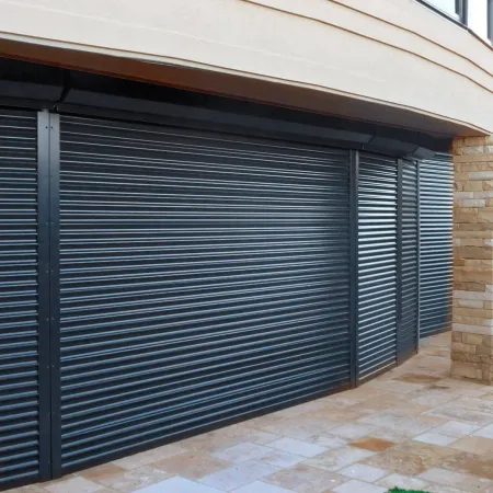 a garage door with a brick wall