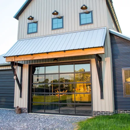 a house with a glass front