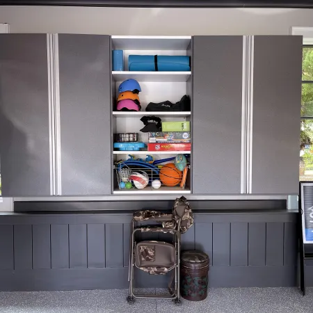 a kitchen with a shelf and shelves