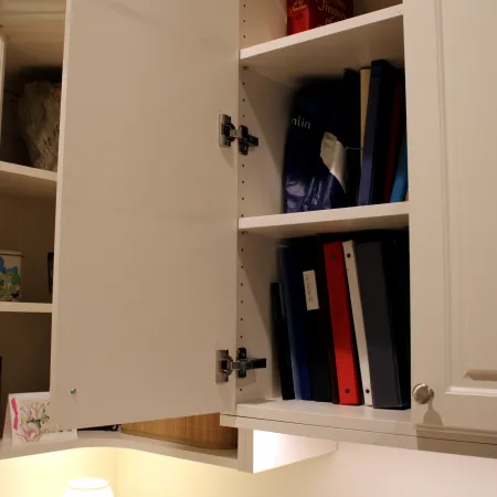 a white cabinet with books