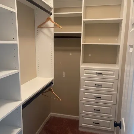 a room with shelves and a rug