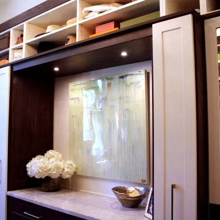 a kitchen with a large window