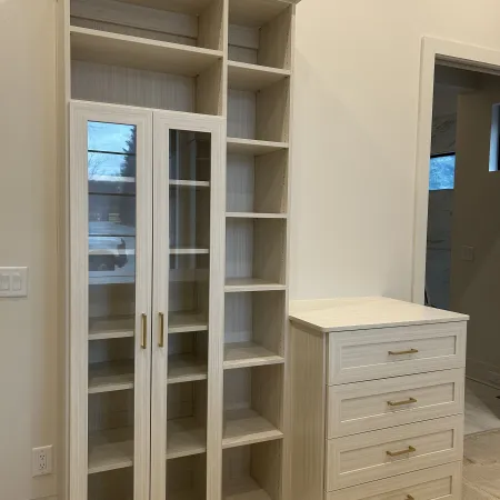 Light wood built-in shelving unit with glass doors and adjacent four-drawer cabinet in a modern room.