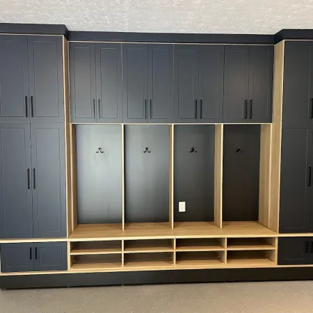 a room with black cabinets