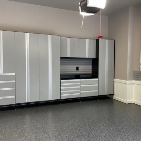 a room with white cabinets