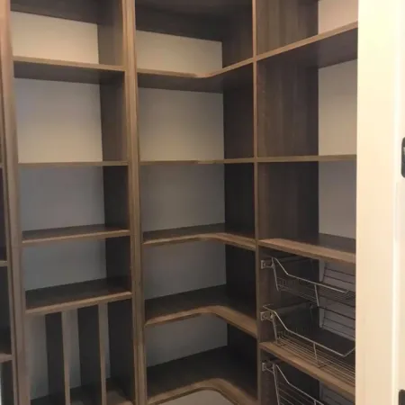 a room with shelves