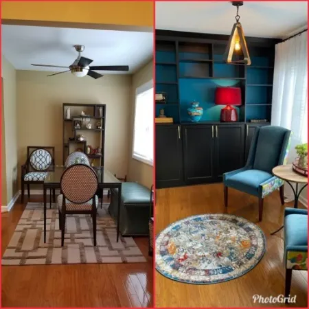 a living room with a blue cabinet