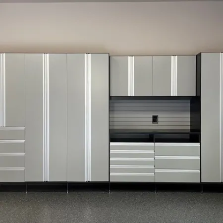 a room with white cabinets