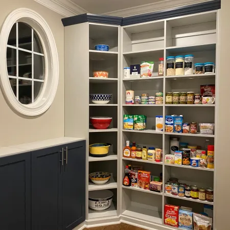 a shelf with food and drinks on it