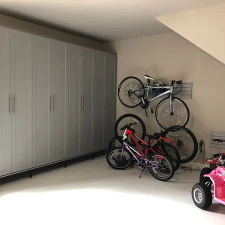 a room with bikes and scooters