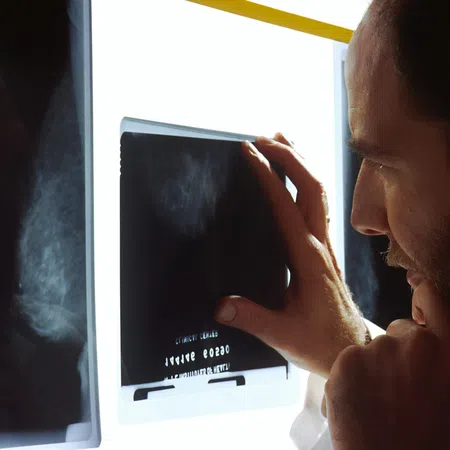 Doctor closely examining breast cancer mammogram X-ray film on lightbox for diagnosis.