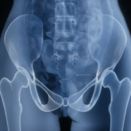 X-ray image showing the pelvis, hip joints, and upper femur bones in clear detail on a black background.