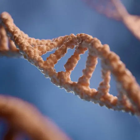 Detailed close-up of a DNA double helix strand with a soft focus blue background.