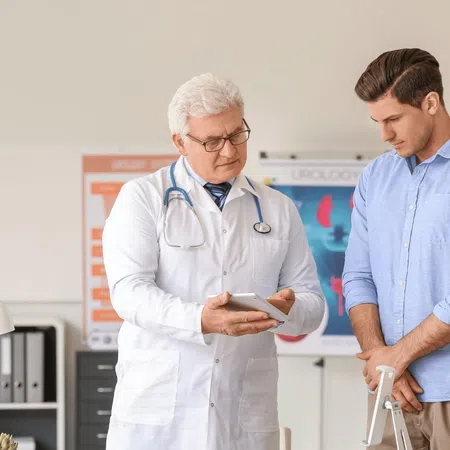 Doctor in white coat consulting a young male patient in a medical office with urology charts.