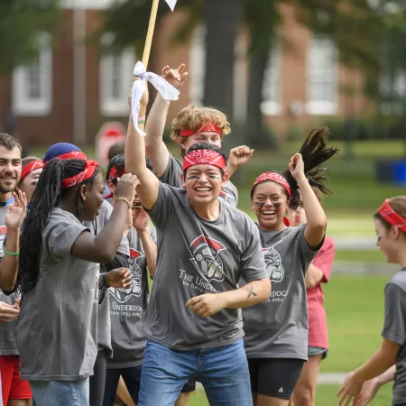 a group of people running