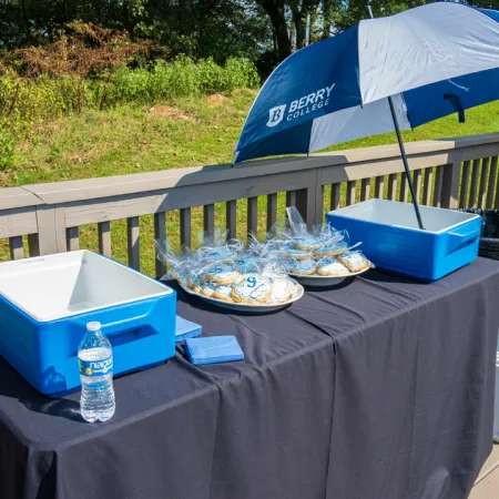 a table with food and umbrella