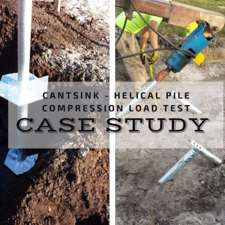 Helical pile compression load test in progress with soil excavation and heavy machinery on construction site