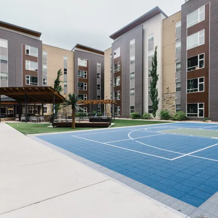 a courtyard between buildings